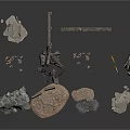 Assorted Construction Scene Components Including Stones Metal Parts Pipes And Debris