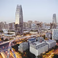 Modern Urban Skyline Featuring Skyscrapers Overpasses And Evening Traffic Lights
