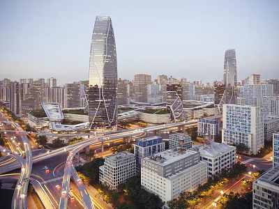 Modern Urban Skyline Featuring Skyscrapers Overpasses And Evening Traffic Lights 3d model
