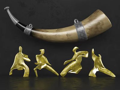 Artistic Decorative Ornament Set With Natural Horn And Golden Human Figure Sculptures 3d model