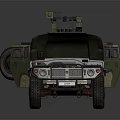 Camouflage Military Vehicle With Open Hood Exposed Engine And Roof Mounted Weapon