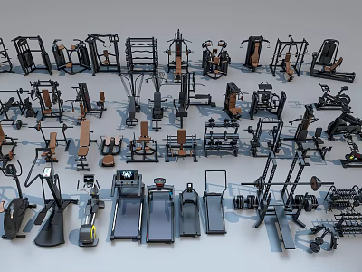 Various Types of Fitness Equipment Including Treadmills Dumbbells Exercise Benches And Weight Racks 3d model