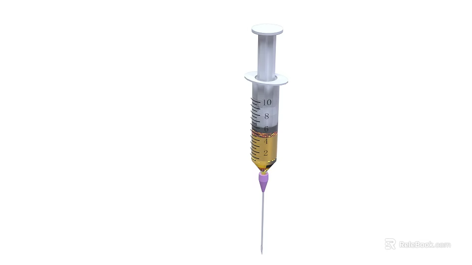 Plastic Medical Syringe With Yellow Liquid Purple Needle And Graduation 3d model 