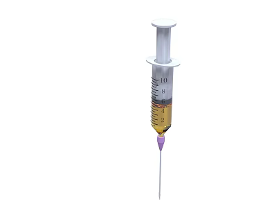Plastic Medical Syringe With Yellow Liquid Purple Needle And Graduation 3d model