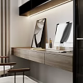 Modern Wooden Desk With iMac Notebook And Pencil Holder In Minimalist Interior