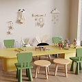Yellow Oval Table And Green Chairs Set In Kids Room With Toys And Decor Elements