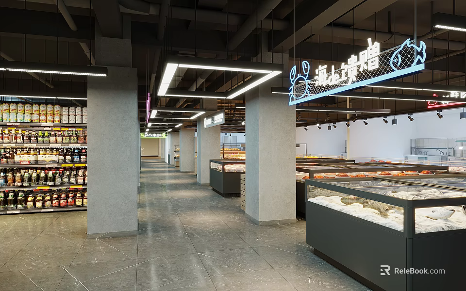 Spacious Supermarket Department Store Interior With Product Shelves And Display Counters 3d model 