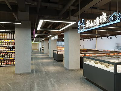 Spacious Supermarket Department Store Interior With Product Shelves And Display Counters 3d model