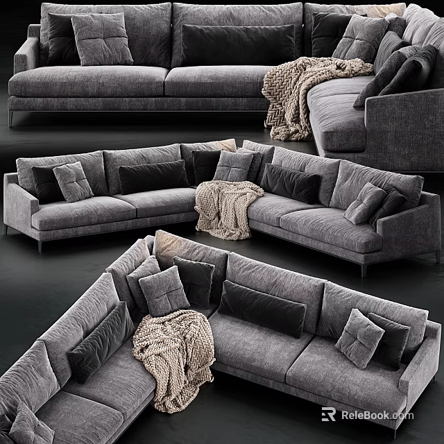 Modern Gray Double Sofa With Soft Pillows And Knitted Blanket 3d model