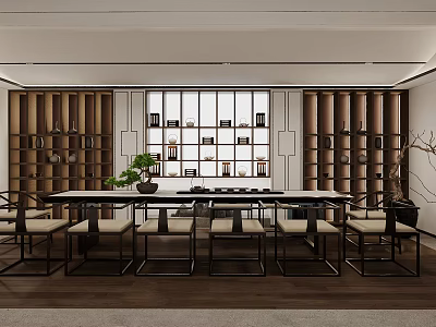 Traditional Tea Room Interior Design With Wooden Bookshelves Tea Table And Green Plants 3d model