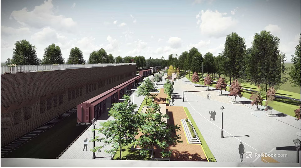 Lush Garden Landscape Design With Trees Walkway Benches And Brick Building For Pedestrians 3d model 
