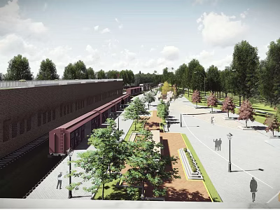 Lush Garden Landscape Design With Trees Walkway Benches And Brick Building For Pedestrians 3d model