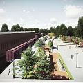 Lush Garden Landscape Design With Trees Walkway Benches And Brick Building For Pedestrians