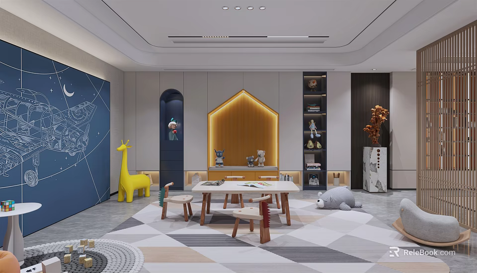 Modern Kids Playroom With Giraffe Toy Star Wall And Play Table 3d model 