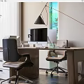 Modern Wooden Office Desk With Computer Monitor Desk Lamp Black Leather Chair And Wheeled Chair