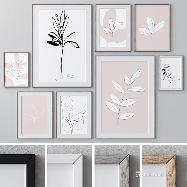 Modern Picture Frames With Leaf Prints In Various Sizes And Neutral Tones 3d model