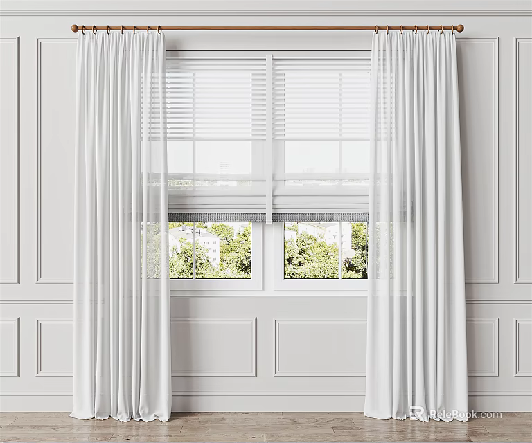 White Flowy Curtains With White Blinds And Green Plants By Window 3d model 