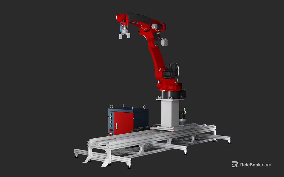 Red Industrial Robot Arm Equipment With Control Box Mounted On White Manufacturing Workbench 3d model 