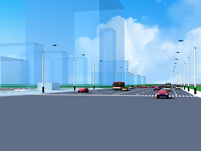 Urban Road Infrastructure With Street Lamps Lanes And Moving Vehicles Under Blue Sky 3d model