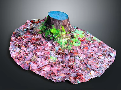 Green Plants Growing On Tree Stump Surrounded By Red Purple Fallen Leaves 3d model