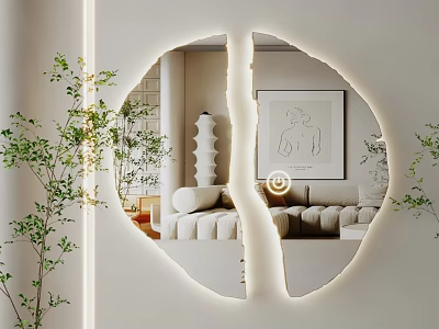 Round Illuminated Mirror With Split Design In Modern Interior Decor Featuring Sofa Plants And Artwork 3d model