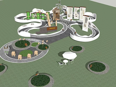 Garden Landscape Design With Winding Paths Circular Green Areas And Pavilions 3d model