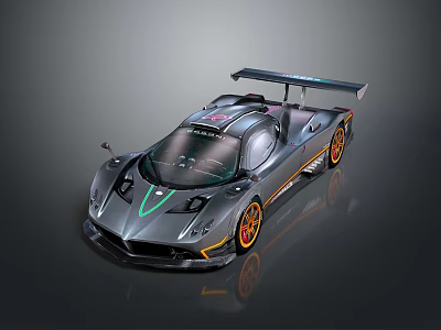 Gray Sleek Race Car With Rear Spoiler Orange Wheels And Green Accents 3d model