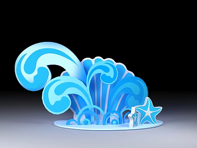 Blue Wave Themed Photo Spot With Sculpted Waves And Starfish Decoration 3d model