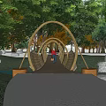 Sunlit Wooden Arched Bridge With People Walking Amidst Trees And Stream