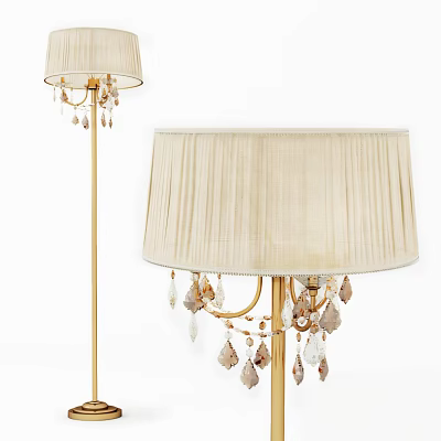 Elegant Floor Lamp With Golden Stand Beige Pleated Lampshade And Crystal Pendants 3d model