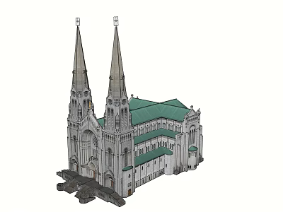 Gothic Style Church Building With Twin Spires And Green Roof Design 3d model