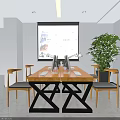 Public Office Space Interior Design with Long Wooden Table Yellow Chairs Bookshelves and Green Plants