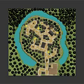 Cartoon Village Scene With Small Brown Houses Surrounded By Green Trees And Blue River