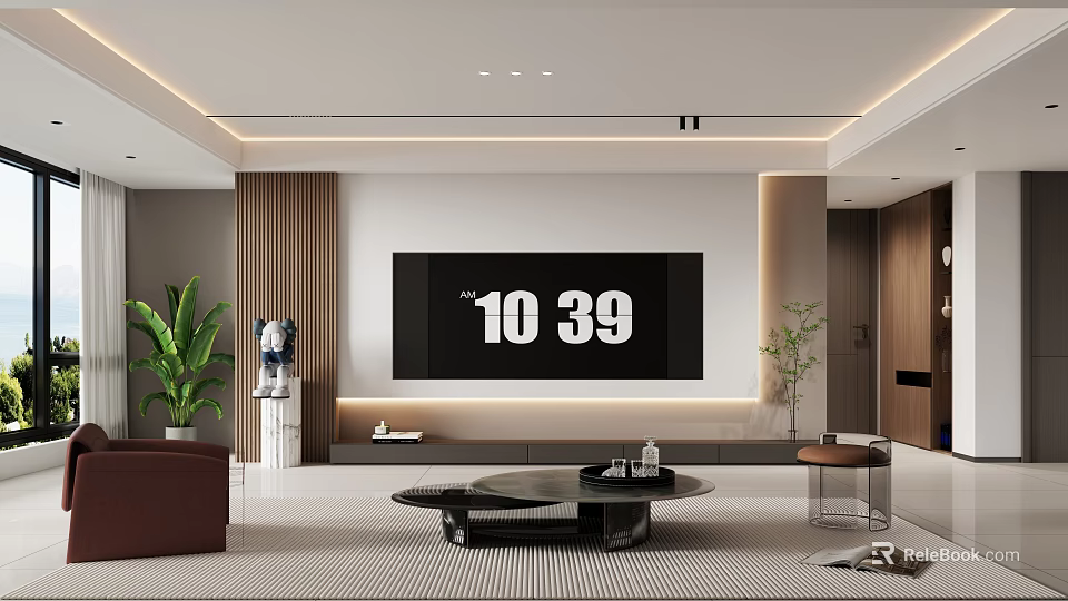Modern Warm Minimalist Living Room With Recessed Lighting Smart TV And Elegant Interior Decorations 3d model 