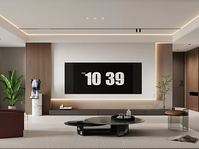 Modern Warm Minimalist Living Room With Recessed Lighting Smart TV And Elegant Interior Decorations 3d model