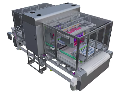 Automated Industrial Equipment Featuring Transparent Enclosure Conveyor Belt And Internal Mechanical Components 3d model