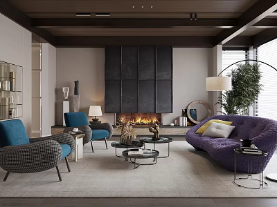 Modern Living Room With Blue Sofa Purple Seating Fireplace And Green Plants 3d model