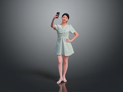 Woman Posing in Light Green Dress Taking Selfie with Mobile Phone Against Gray Background 3d model