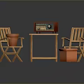 Wooden Patio Chairs And Table With Red Radio And Clay Flower Pots