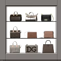 Stylish Handbags Collection Displayed on Glass Shelves with Various Colors Styles and DG Logo
