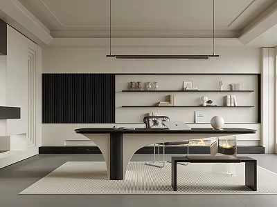 Modern Study Room Interior With Minimalist Desk Shelves Hanging Lamp And Decorative Items 3d model