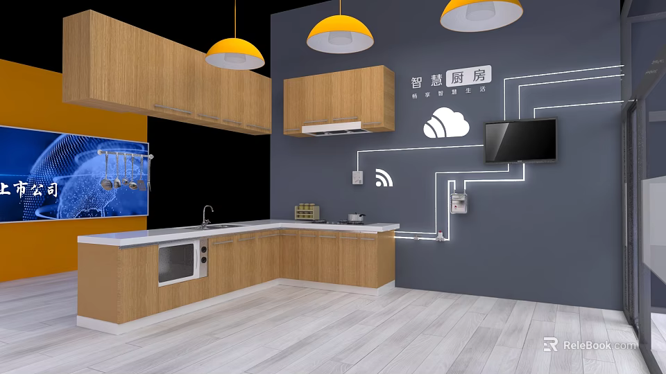 Smart Kitchen Interior With Wooden Cabinets Yellow Pendant Lights Wall TV And Smart Symbols 3d model 