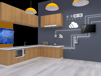 Smart Kitchen Interior With Wooden Cabinets Yellow Pendant Lights Wall TV And Smart Symbols 3d model