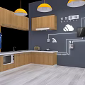 Smart Kitchen Interior With Wooden Cabinets Yellow Pendant Lights Wall TV And Smart Symbols