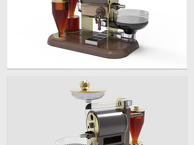 Vintage Design Kitchen Coffee Maker With Brown Gold Accents Wooden Base And Glass Cup 3d model