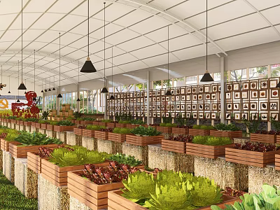Lush Garden Landscape With Wooden Planter Boxes And Hanging Pendant Lights 3d model