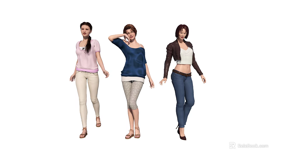 Three Women In Different Fashion Outfits 3d model 