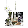 Decorative Ornament Set with Birdcage Pendant Lights Green Plants Vases Zebra Print Decor
