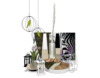 Decorative Ornament Set with Birdcage Pendant Lights Green Plants Vases Zebra Print Decor 3d model
