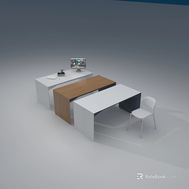 Modern Office Desk With Wooden And White Top Computer Monitor And White Chair Setup 3d model 